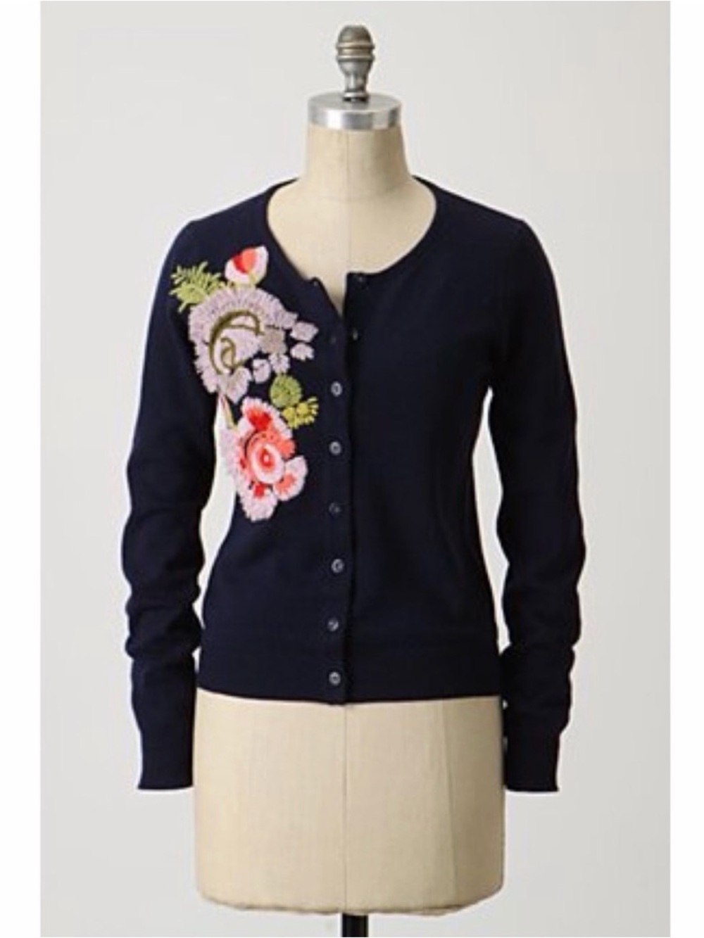 Anthropologie Anemone Bloom Embroidered Button Down Cardigan Blue Wool Twee Sz M - Picture 14 of 14